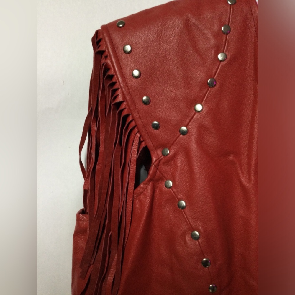Vintage Leather Gallery Red Fringe studded top. 2X - Picture 3 of 11